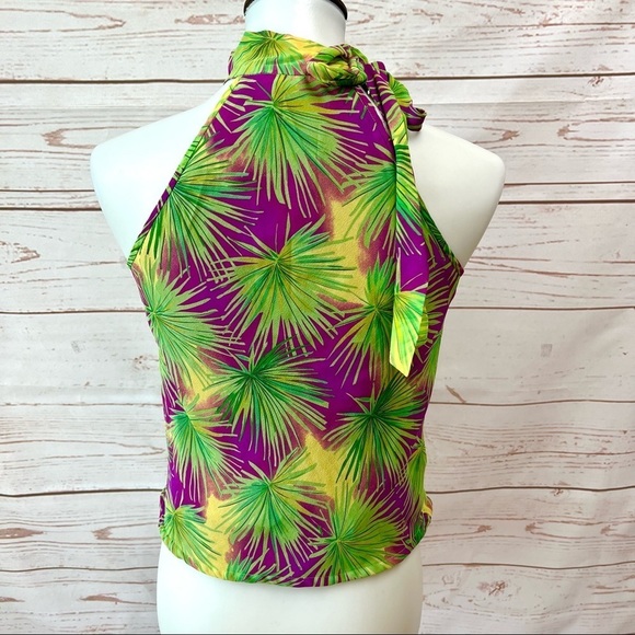 Vintage Y2K Victoria’s Secret Magenta Chartreuse Tropical Palm Silk Halter Top - Picture 7 of 8